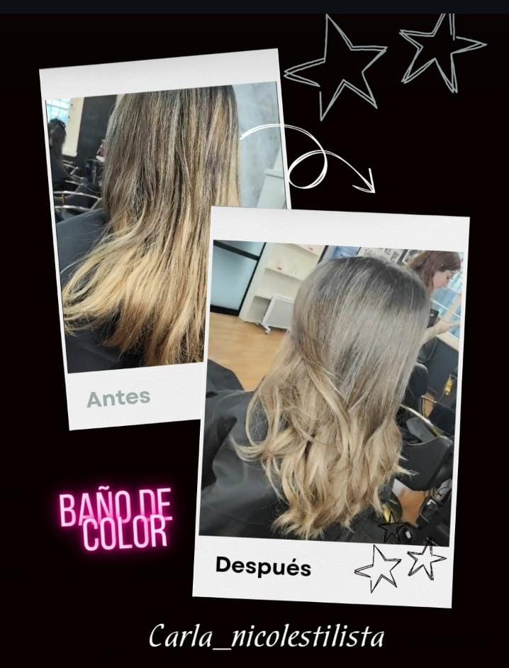 antes y después del baño de color - trabajo de Carla Nicole Estilista